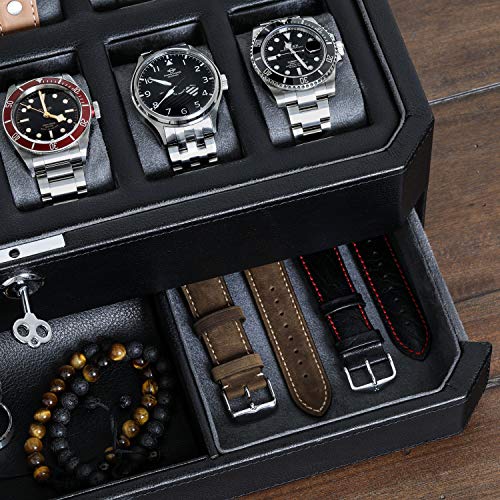 ROTHWELL 12 Slot Leather Watch Box with Valet Drawer - Luxury Watch and Jewelry Case Display Organizer, Microsuede liner, Mens Locking Storage Holder Large Glass Top (Black/Grey) - color: Black / Grey