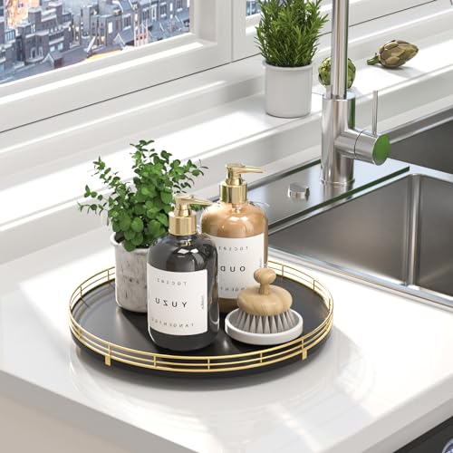 13" Oak Wood Bathroom Tray for Counter, Vanity Tray for Perfume Lotion Candle Makeup Jewelry Sink Soap Holder Turntable Dresser Organizer Countertop Coffee Table Decor Organization and Storage Gold - color: Gold Black, size: 13