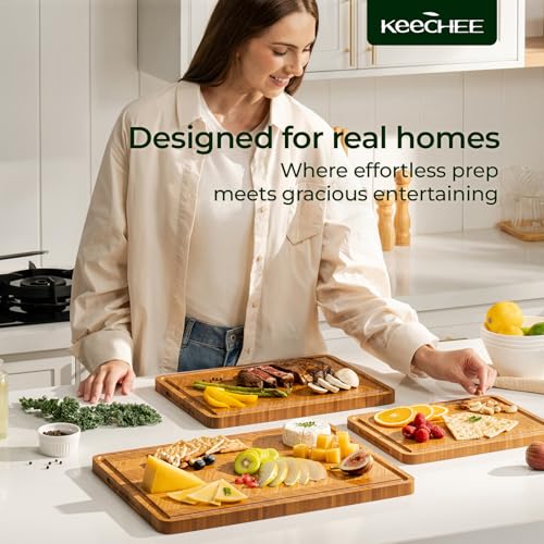 Keechee Bamboo Cutting Board, Reversible Wood Cutting Boards for Kitchen with Juice Grooves, Atelier Collection Handcrafted Large Serving Tray, Luxury Housewarming Wedding Gifts for New Home - size: Set of 3 (M+L+XL)