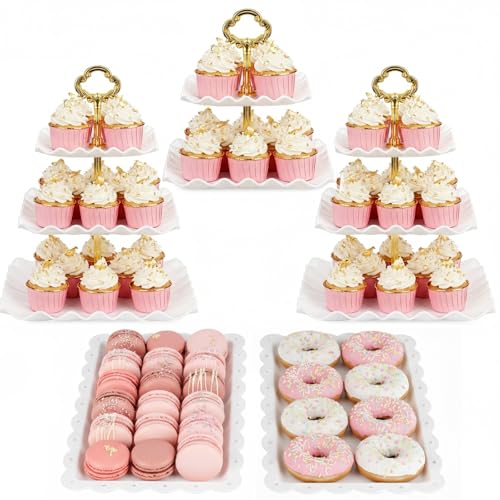 NWK 5 Piece Cake Stand Set with 2 x 3-Tier Cupcake Stands, 1 x2-Tier Cupcake Stands, 2 x Appetizer Trays, for Wedding Birthday Baby Shower Tea Party Decorations (Gold) - color: Gold