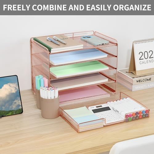 LEKETREE Desk Organizer and Accessories, 5-Tier Paper Letter Tray Organizer with Drawer & 2 Pen Holders for Desktop File Organization, Office Desk Accessories for Supplies Storage (Rose Gold) - color: Rose Gold, size: 12" x 8" x 10"