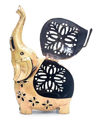 eTroves Metal Tealight Holder, Handmade Decorative Elephant Tea Light Candle Holder for Home, Farmhouse, Living Room, Patio, Decorations, 8 Inch, Golden