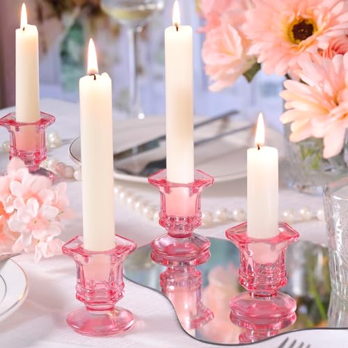 Pink Candlestick Holders Bulk, 12 Pcs Glass Candle Holders Set,Crystal Taper Candle Holder for Wedding, Table Centerpiece, Home Decoration - color: Pink