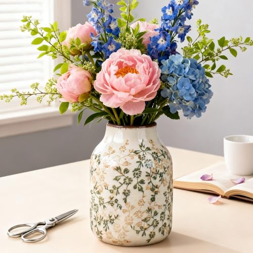 Green Vinatge Vase, Farmhouse Rustic Ceramic Flower Vase, Antique Chinoiserie Vases, Decorative Ice Cracked Large Vases for Home Decors, Living Dining Room Table, Shelf Decor, Office, 7.8 Inch - color: Green and Beige01
