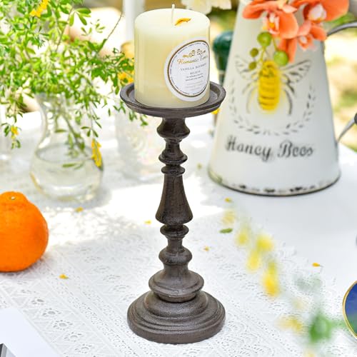 Sungmor Rustic Cast Iron Pillar Candle Holder, 9.6" Tall Vintage Candlestick Holders, Table Centerpiece Metal Candle Holder, Farmhouse Candle Stand for Fireplace Shelf Home Decor - color: Large - 9.4inch Tall