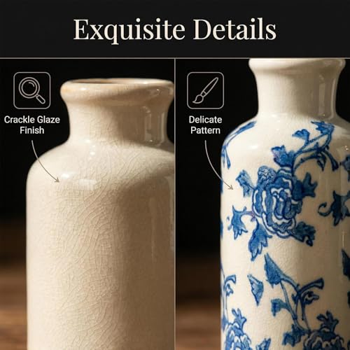Rustic Ceramic Vase Set of 3, Farmhouse Decorative Flower Vases for Home Decor, Living Room Kitchen Bathroom Table Centerpieces, Shelf, Mantel and Entrance Decorations - color: Blue-2