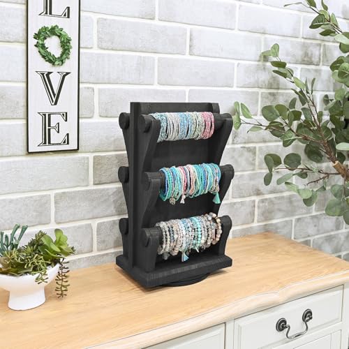 Ikee Design Two-Sided Rotating Wooden Jewelry Bracelet Display Stand Holder 6 Removable Holders, 3 Tier Bar Bangle Organizer-Perfect for Bracelets and Jewelry Display for Vendors, Black Color - color: 3) Black, 6 Bars