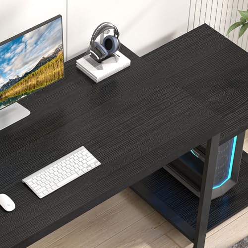 FOLUBAN Large Home Office Desk, Black Computer Desk with Storage Shelves, Modern Wood Writing Study Gaming Table for Bedroom Living Room, 63 Inch - color: Black