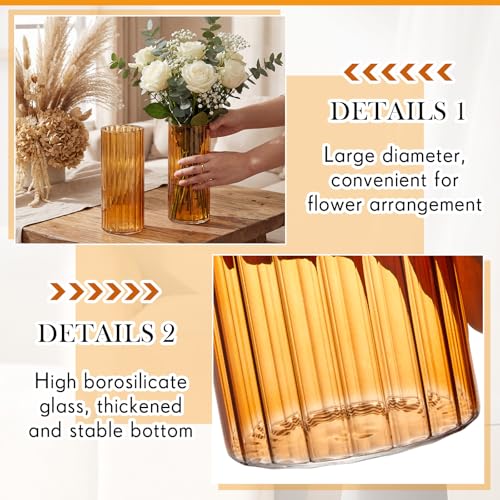 6 Pcs 8 Inch Tall Glass Ribbed Cylinder Vases Clear Floating Candle Flower Vase in Bulk, Hurricane Candle Holder for Wedding Housewarming Gift Table Centerpieces(Amber) - color: Amber, size: 8 Inch