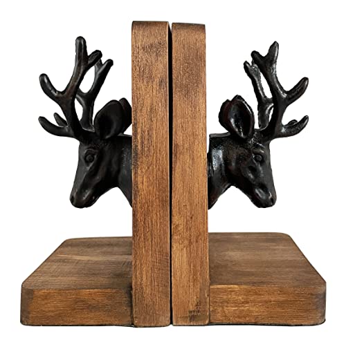 Vintage Cast Iron Deer Head & Antlers Design Decorative Elk Bookends for Shelves, Buck Book Holders, Reindeer Book Organizer, L-Shaped Wooden Desk Organizer, Heavy Duty Non-Skid Bookends (1 Pair) - color: Rustic Burnt