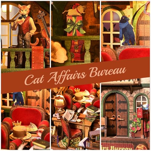 TOYQI Book Nook Kit, DIY Miniature Dollhouse Kit for Adults and Teens, Booknook Tiny House Kit Bookshelf Decoration 3D Wooden Puzzle Bookend - style: Cat Affairs Bureau