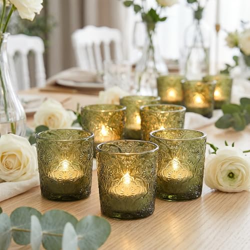 12 Pack Mandala Embossed Glass Candle Holders – Votive Tealight Holders with Patent Design, Decorative Embossed Glass Cups for Wedding Centerpieces, Parties, and Home Décor (Moss Green) - color: Moss Green
