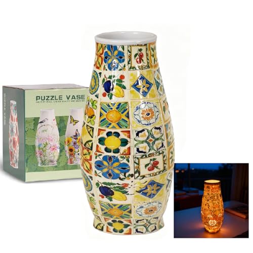 3D Puzzle Vase with LED Light, Creative Puzzle Vases for Adults DIY Crafts Decorative Flower Vase for Home, Women Unique Gifts Christmas Mother's Day - color: Mexican Tiles