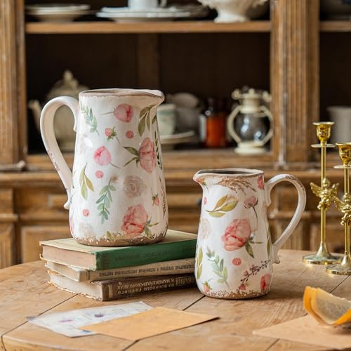 Vintage Fruit and Floral Ceramic Vase with Handle, Retro Ice Glazed Crack Farmhouse Pitcher Vase for Home Decor, Living Room, Shelf, Office, Rustic Table Centerpiece 7 Inch - color: Floral and Fruit, size: Small Pitcher