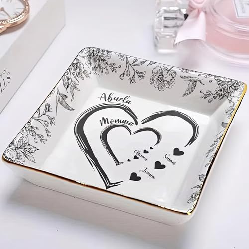 Personalized Chinoiserie Floral Jewelry Dish Ceramic Ring Holder Square Trinket Tray Custom Grandparent Mother Birthday Present We Love You Heart Shaped Toile Mother’s Day Keepsake With Names - color: Design 03