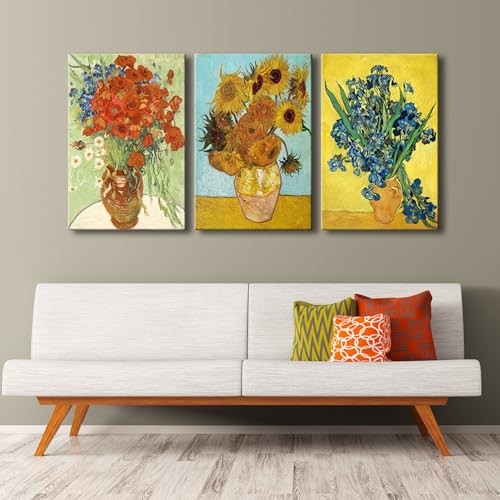 Wieco Art 3 Panels Canvas Prints of Vincent Van Gogh Paintings Reproduction Red Poppies and Daisies Irises in Vase Sunflower Canvas Wall Art for Living Room Home Office Decor - color: Flowers, size: 16 x 24 inches (Unframed)