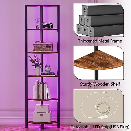 Furnulem 6 Tier Corner Shelf with LED Light, 67.5” Tall Standing Shelf Organizer, Narrow Bookshelf with Storage Rack for Wall Corner, Living Room, Bedroom, Metal Frame, Wood Display Shelf - color: Rustic Brown