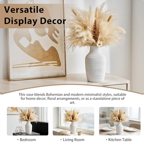 Boho White Ceramic Vase, 8.7" Matte Textured Flower Vase for Home Decor, Minimalist Table Centerpiece for Living Room, Office, Bedroom (Matte White Vase) - color: Matte White Vase