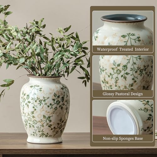 Ceramic Flower Vase | Green Rustic Farmhouse Vase for Home Decor, Vintage Floral Pottery Tuscan Decorative Vase for Living Room & Kitchen, Mantel & Bookshelf, Centerpieces, Entryway, Wedding(8 Inch) - color: 08-green and Beige