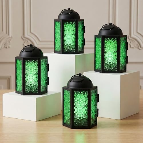 VELA LANTERNS Mini Moroccan Tea Light Candle Holder Lanterns – 4.25" Small Decorative Lantern for Table or Hanging, Metal with Glass Panels – Ramadan, Wedding, Home Decor, Emerald Green (Set of 4) - color: Emerald Green