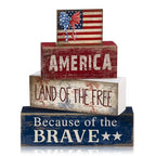CroBlissful 4 Pcs 4th of July Decorations Patriotic Memorial Day Tabletop Decoration Red White Blue Table Centerpieces 250th Anniversary Wooden Fourth of July Sign for Office Tiered Tray Home Shelf - style: Independence