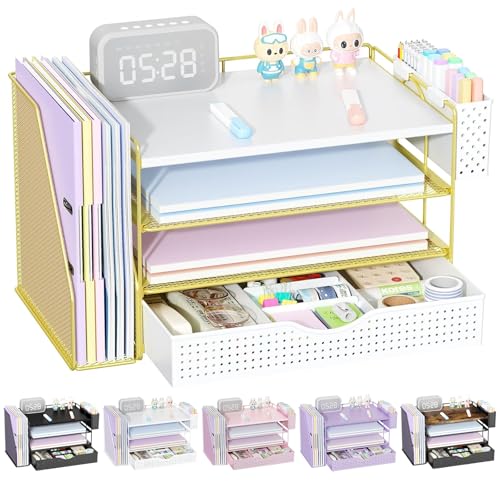 gianotter Wood Desk Organizers and Accessories with File Holder, 4-Tier Desk Accessories & Workspace Organizers with Drawer and Pen Holder, Paper Organizer for Office Supplies (Gold) - color: Gold