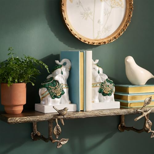 Elephant Bookends for Shelves, Decorative Bookends, Book Holders with Anti-Slip Pad for Book Lovers Heavy Book Stopper for Home Office Decor (Forgest Green&White) - color: Forgest Green&white
