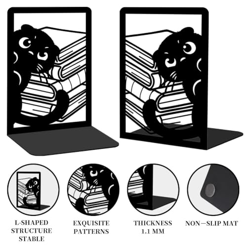 Nonskid Thickening Iron Metal Bookends for Shelves, Cute Peeping Cats Book Shelf Book Ends Decorative for Library School Office Home Study Desk Organizer Decorative Books - style: Cat