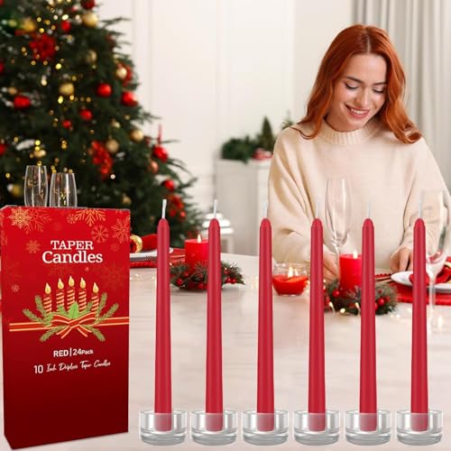 YOROXRG 24 Pack Red Taper Candles, 7-8 Hours Burn Time, Unscented, Smokeless and Dripless, 0.75 x 10 Inch Dinner Candle Set for Christmas,Household, Wedding, Party and Home Décor Candlesticks - color: Red-24