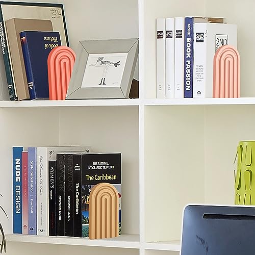 Harloon 4 Pcs Boho Arch Wooden Bookends, Decorative Rainbow Book Stoppers with Non-Slip Metal Base, 5x3x4 Inches, Cute Shelf Decor for Heavy Books, Home Office Study Desk Organizer(Cute Color) - color: Cute Color