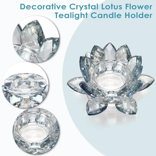 OwnMy Croatia Blue Crystal Lotus Flower Tealight Candle Holder Decor, Decorative Crystal Lotus Candle Lamp Sparkle Glass Flower Votive Candle Stand for Wedding Dining Table Centerpieces - color: Croatia Blue