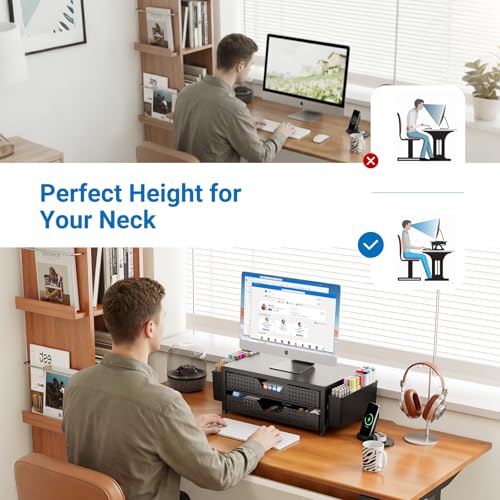 OPNICE Computer Monitor Stand Riser with 2 Drawers & 2 Pen Holders, Desk Organizer for Office Supplies, Laptop Stand for Desk, Workspace Desk Organizers and Accessories for Home Office, Black - color: Black Upgraded Double-Drawer