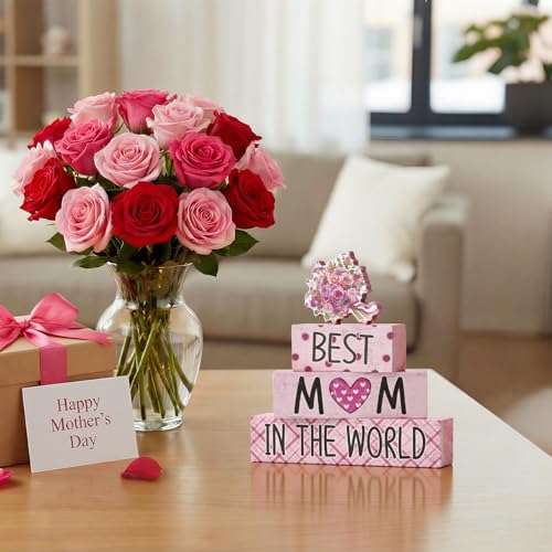 Smile 4 Pcs Mother's day Indoor Wooden Decor, Best Mom In the World Tiered Tray Farmhouse Table Decoration for Home and Office - style: Mothday