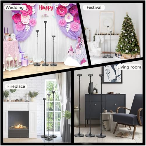 Floor Candle Holder Centerpieces for Tables,3Pcs Black Candle Holder for Pillar Candles Matte Metal Candlestick Set for Wedding Party Home Candles Holder for Ceremony Mantel Decor (Adjustable Height