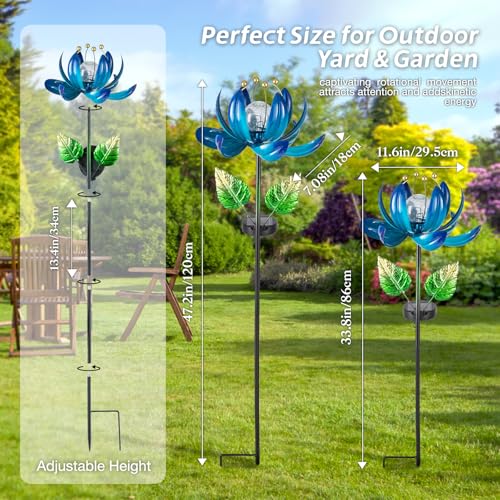 AIINY Solar Garden Lights Metal Flower Decor, Colorful Lotus Pathway Spinning Windmill with LED Cracked Crystal Ball Outdoor Decorative Stake Lighting Waterproof Flower Sculpture for Patio Yard - color: Dazzling Blue