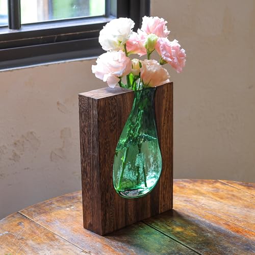 Wood and Glass Inlay Vases Farmhouse Wooden Glass Flower Vase Solid Wood Glass Vase Home Decor Vases for Centerpiece (9.29 Inches) - size: 9.29 Inches