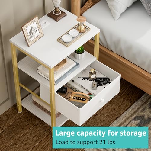 BOLUO White and Gold Nightstand with Charging Station, LED Night Stand with Fabric Drawers and Shelf, Bedside Table with USB Ports and Outlets, Bedroom Nightstand Modern - color: D. Gold