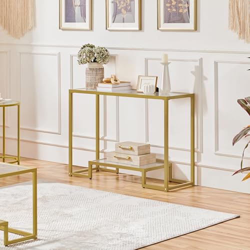 Yaheetech 42 Inch Console Table, Tempered Glass Entryway Table, Narrow Sofa Tables, 2-Tier Hallway Tables, Entrance Stand for Living Room Bedroom, Gold - color: Gold