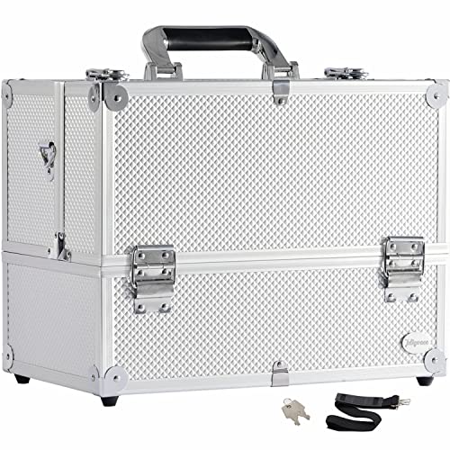 Joligrace Extra Large Makeup Train Case 6 Tray Make Up Artists Organizer Box Lockable Cosmetic Jewelry Toiletries Carrier Crafters Tool Cases with Adjustable Dividers & Shoulder Strap - Silver - color: Silvery White