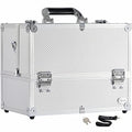 Joligrace Extra Large Makeup Train Case 6 Tray Make Up Artists Organizer Box Lockable Cosmetic Jewelry Toiletries Carrier Crafters Tool Cases with Adjustable Dividers & Shoulder Strap - Silver - color: Silvery White