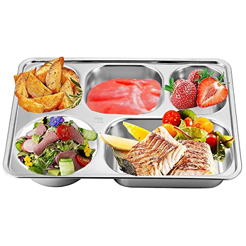 Set of 2 Stainless Steel Rectangular Divided Plates Tray 5 Sections Dinner Plates for Adults - Unbreakable Metal Plate for Campers, and Portion Control Reusable Plate - size: 5C (5 Sections)