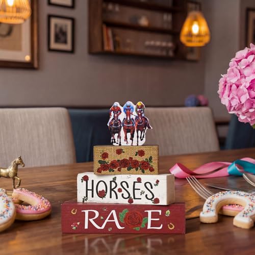 Smile Horses and Races Wooden Block Decor Jockey HORSES RACES Rose Tiered Tray Tabletop Signs for Horse Racing Party Decorations - style: Jockey