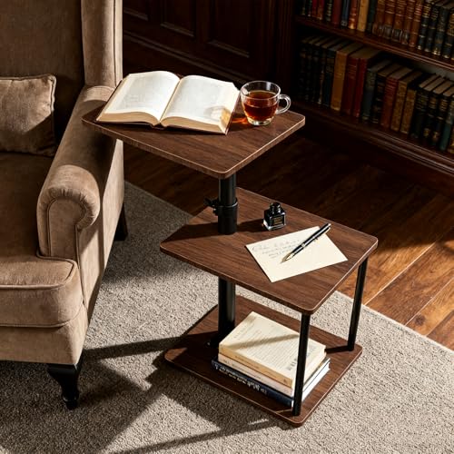Faesun Swivel Side Table for Couch Arm, Height Adjustable C Shaped End Table for Recliner or Bed, Tv Trays with Storage Shelf for Small Spaces- Small Nightstand for Living Room, Bedroom - color: Walnut