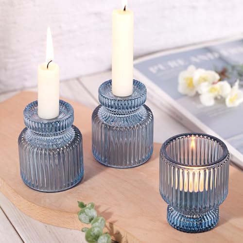 DARJEN 6 Pcs Blue Glass Candlestick Holders with Vertical Stripes - Irregular Shaped, Dual-Use for Taper Candles & Votive/Tea Lights, Candle Holders for Dining Table, Wedding, Party, Home, Gifts - color: Blue, size: 6Pcs