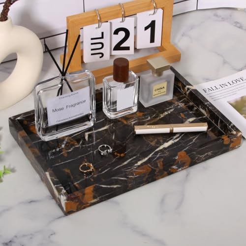 Marble Bathroom Vanity Tray, Natural Luxury Vanity Home Kitchen Bathroom Table Tray, Stone Decorative Countertop Dresser Trays for Key Coffee Perfume Jewelry Makeup (Black Gold, 12"x 8" x1.2") - color: Black Gold, size: 12" x 8" x 1.2"