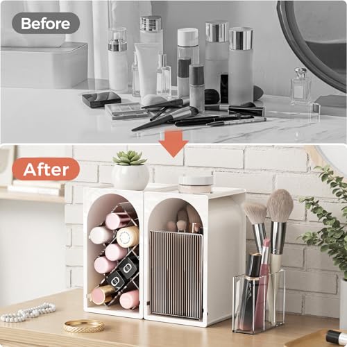 INVSSENE Stackable Makeup Organizer Countertop, Storage Perfume Skincare Cosmetic Lipstick Face Mask Makeup Brush Palettes, Ideal for Vanity Bathroom Counter - color: 3513 White+Coffee