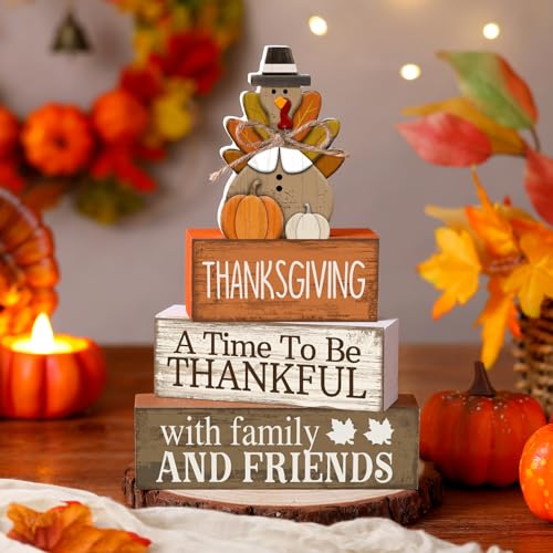 Lineshading 4 Pcs Thanksgiving Decoration for Home Wooden Turkey Decor Thanksgiving Table Centerpiece Fall Tiered Tray Decor Rustic Decorative Turkey Block Signs Gift for Home Kitchen Shelf - style: Elegant Turkey
