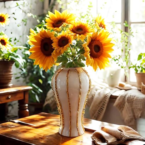 White and Gold Vases for Centerpieces,White Gold Ginger Jars for Home Decor,Large Gold Vases for Kitchen Counter,Vintage Vase with Lid,Birthday Anniversary (14 in) - color: White Gold-a, size: 14 in