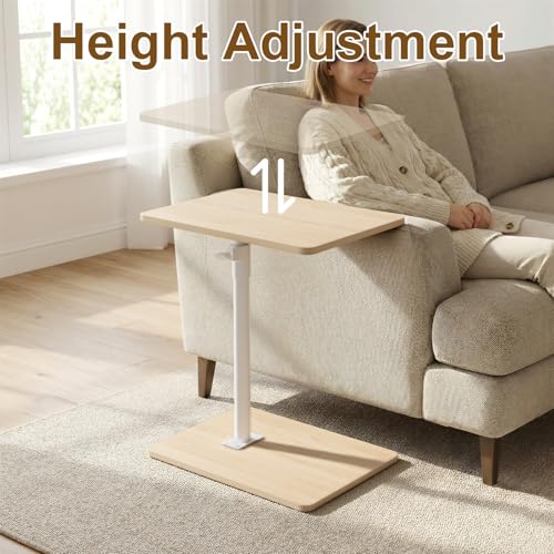 YUHFERA Sofa Armrest Tray Table for Couch - 360 Swivel Height Adjustable End Table for Small Spaces, Snack Side Table for Bed or Chair with Phone & Tablet Slot (Oak, Enlarged) - color: Fair, size: Enlarged