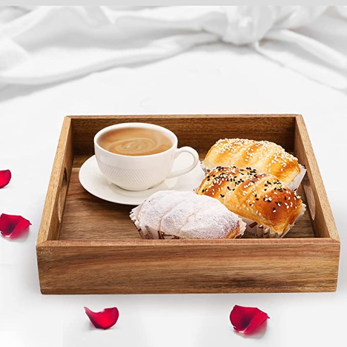 YOUEON Set of 2 Acacia Wood Serving Tray with Handles, 10x10x2 Inch Decorative Serving Trays for Food, Ottoman Tray, Square Coffee Table Trays for Dinner, Coffee, Wine, Appetizer
